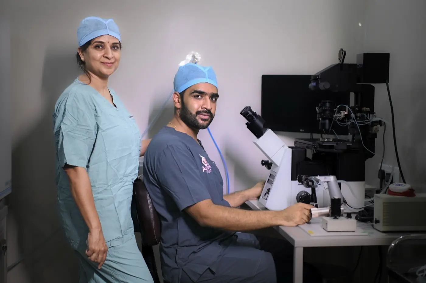 Dr. Shweta Agarwal and Aayush Agarwal, Ph.D., in the Aansh IVF embryology lab, Chandrapur